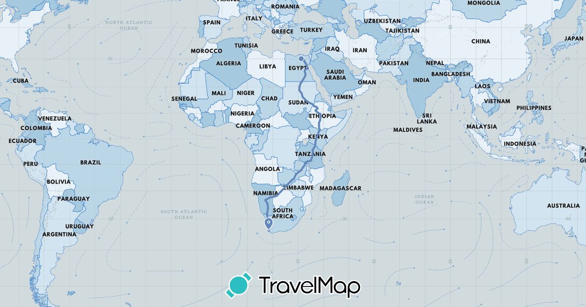 TravelMap itinerary: cycling in Botswana, Egypt, Ethiopia, Kenya, Namibia, Sudan, Tanzania, South Africa, Zambia (Africa)