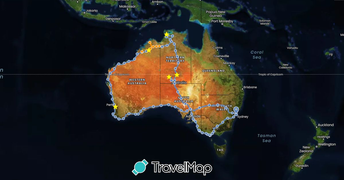 TravelMap itinerary: cycling, hitchhiking in Australia (Oceania)