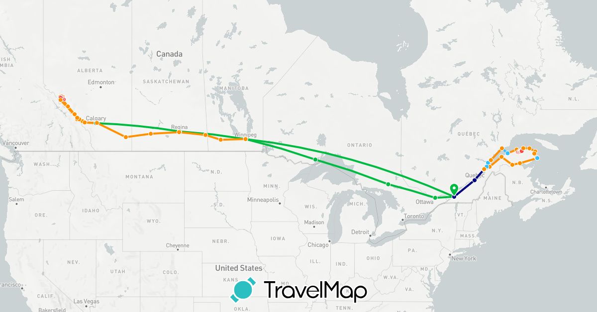 TravelMap itinerary: driving, bus, hiking, boat, hitchhiking in Canada (North America)