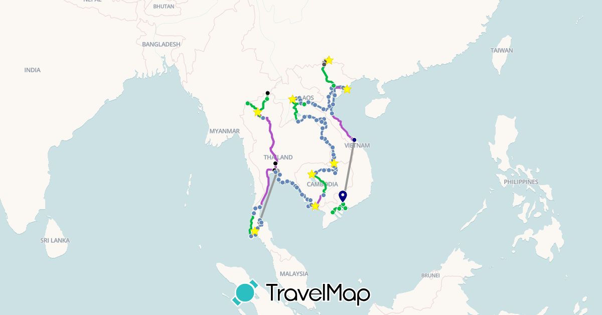 TravelMap itinerary: driving, bus, plane, cycling, train, boat, motorbike, tuk-tuk in Cambodia, Laos, Thailand, Vietnam (Asia)
