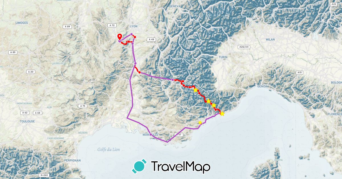 TravelMap itinerary: driving, train, cycling in France, Italy (Europe)