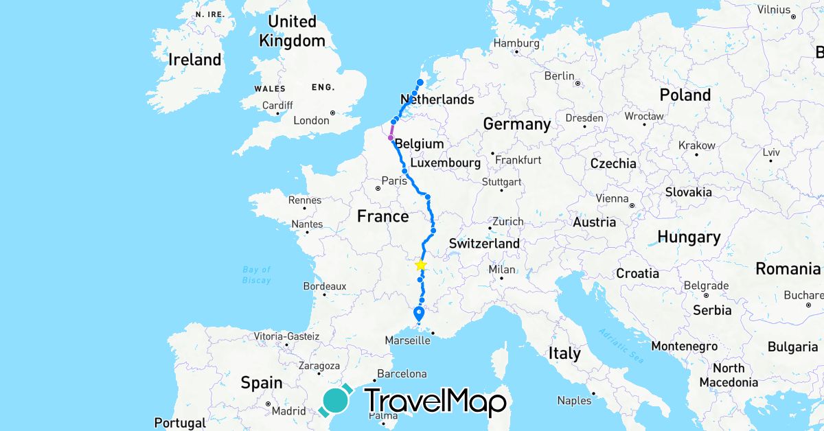 TravelMap itinerary: driving, train, rowing-bike in Belgium, France, Netherlands (Europe)