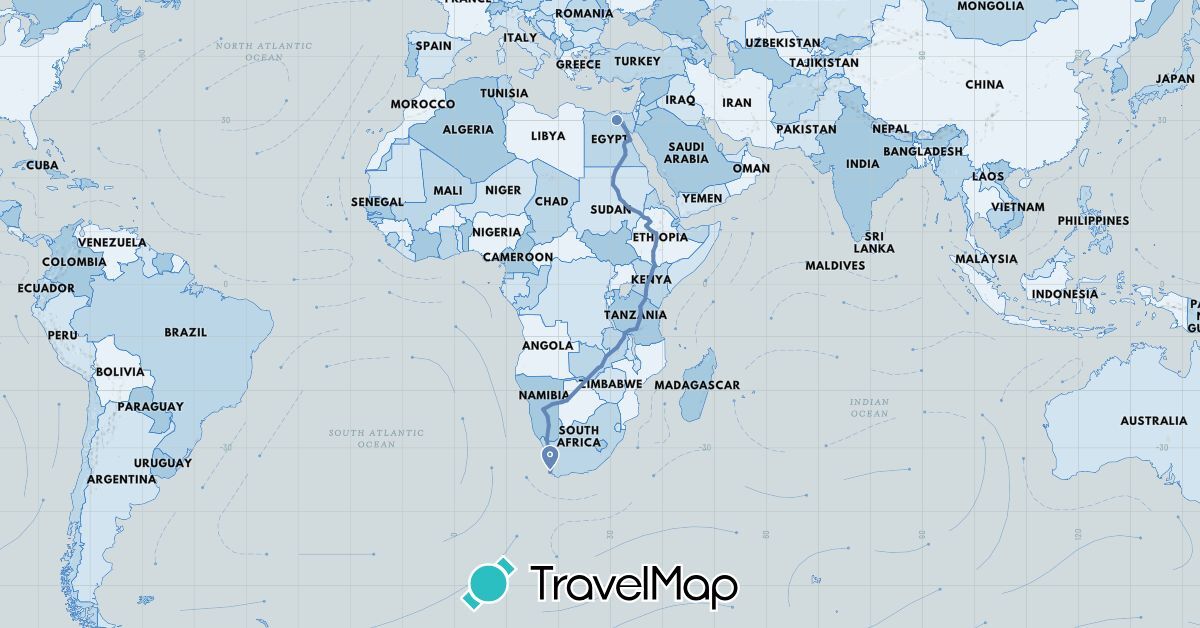 TravelMap itinerary: cycling in Botswana, Egypt, Ethiopia, Kenya, Namibia, Sudan, Tanzania, South Africa, Zambia (Africa)
