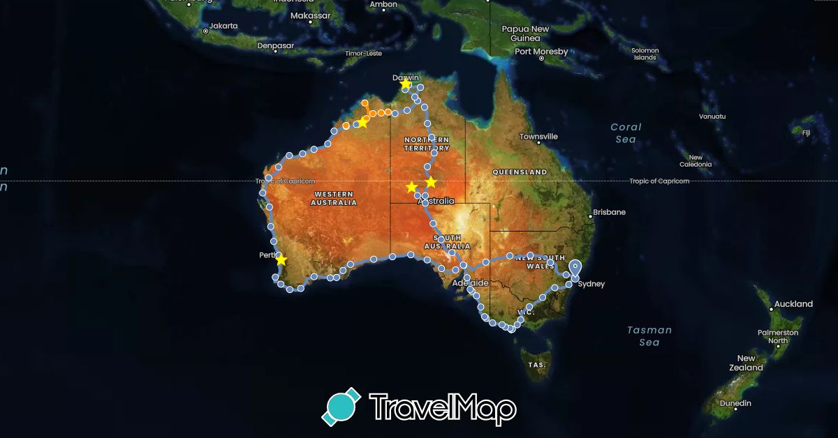 TravelMap itinerary: cycling, hitchhiking in Australia (Oceania)