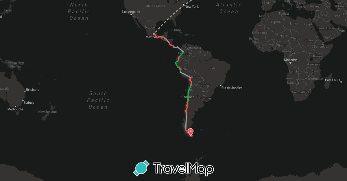 TravelMap itinerary: driving, bus, plane, hiking, boat in Argentina, Bolivia, Chile, Colombia, Costa Rica, Ecuador, France, Guatemala, Mexico, Nicaragua, Panama, Peru (Europe, North America, South America)