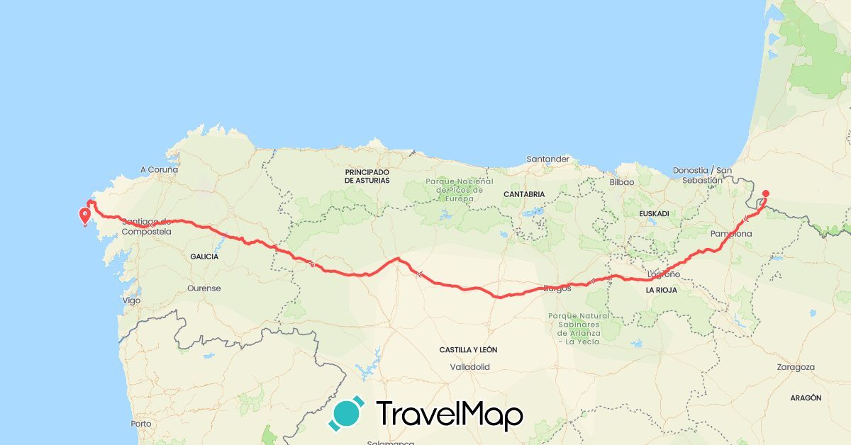 TravelMap itinerary: hiking in Spain, France (Europe)