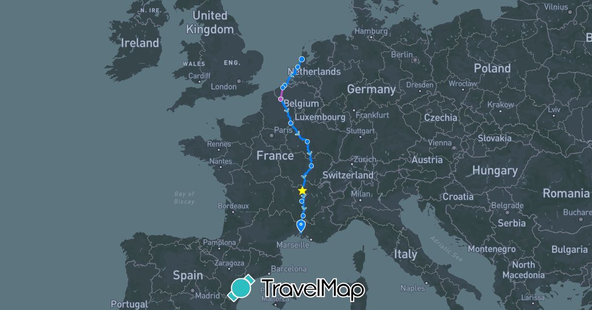 TravelMap itinerary: driving, train, rowing-bike in Belgium, France, Netherlands (Europe)